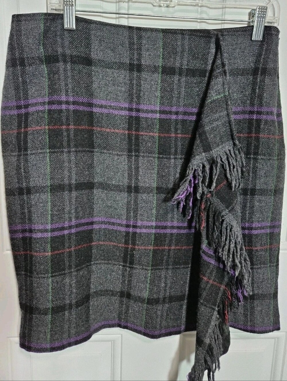 Y2K Ralph Lauren Plaid Wool Blanket Mini Fringed Skirt Size 8 Purple Gray Black